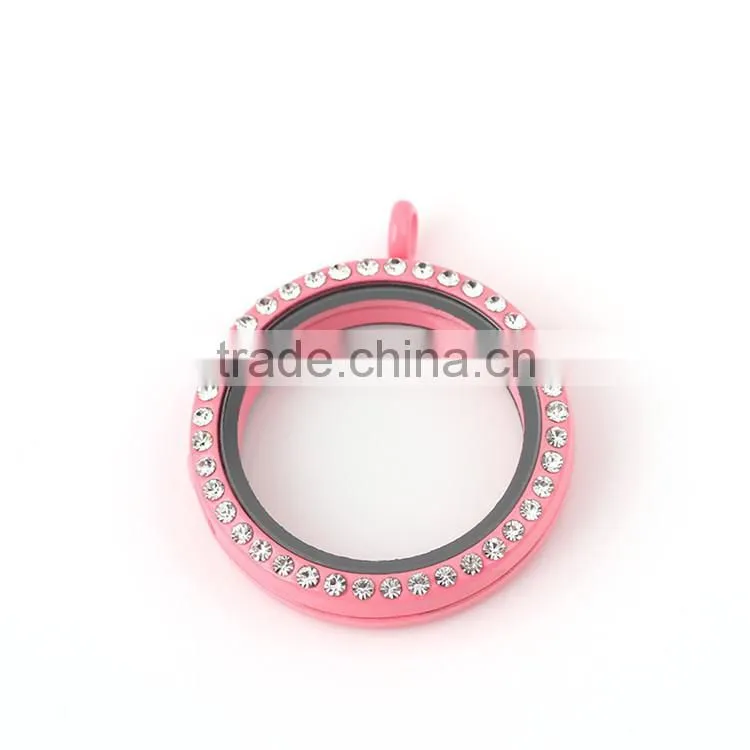 Colorful Circle Round Floating Locket Charm with Rhinestone
