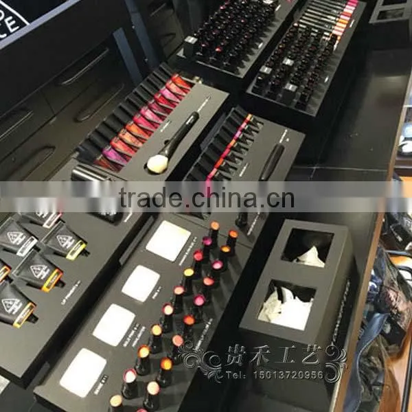 Customized 3ce cosmetic display,black organic glass makeup display stand