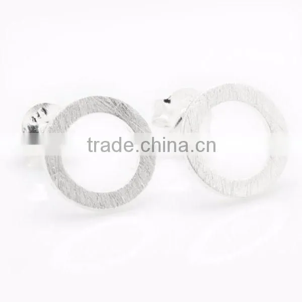 Open Circle 925 Silver Earrings Handmade Studs brushed surface can plating 18K gold