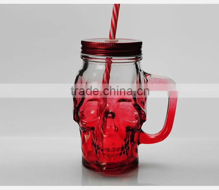 machine made Skull Mason Jar with Lid and Straw