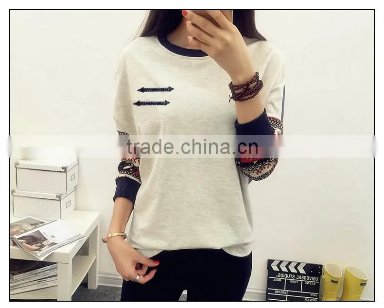 2016 Korea Fashion New Women's Long Sleeve tShirt Loose Patchwork Cotton Tops Lady Casual Blouse