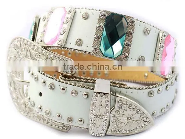 White PU rhinestone belt with alloy buckle