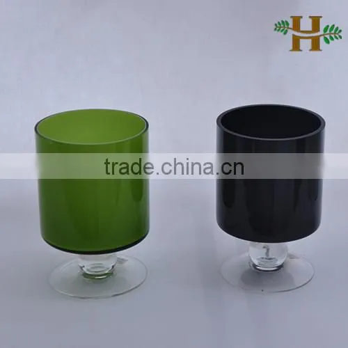 Handmade colored footed glass candle holder, stained cylinder shape glass vase on foot