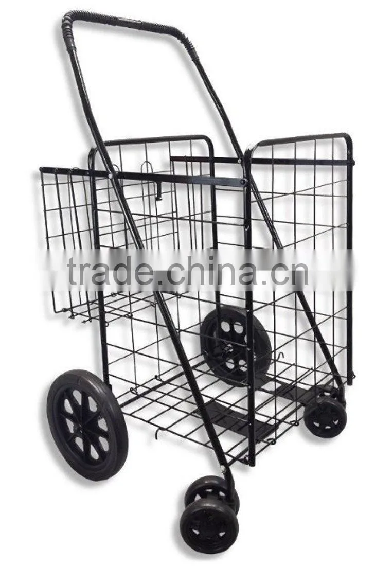 Metal Small Folding Shopping Cart with Double Basket and Wheels