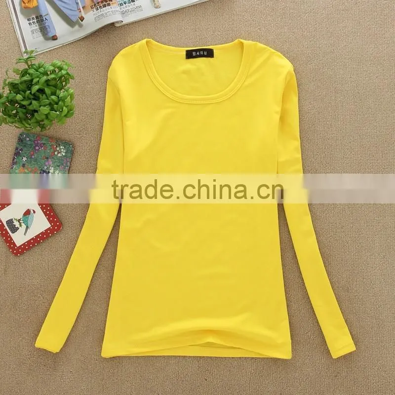 Lady fashion 100%cotton top plain women long sleeve t shirt