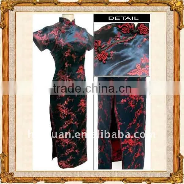Short sleeve plain long cheongsam dress