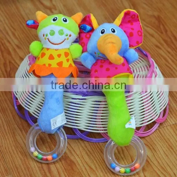 Cute animal rattle insert baby educational plush toys with ring in colorful beans
