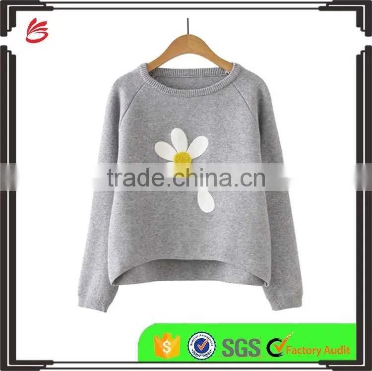 Latest Design Casual Women Grey Flower Print Raglan Sleeve Dip Hem Sweater Design For Women