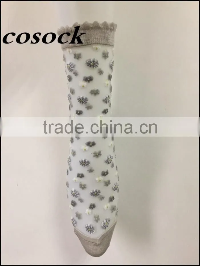 Flower jacqaurd women lovely ankle high transparent nylon summer socks
