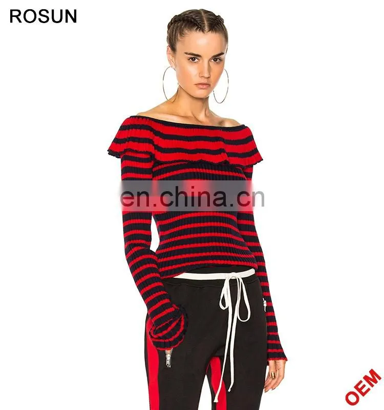 Fashion Red and White Strips off Shoulder Knit Sweater Top