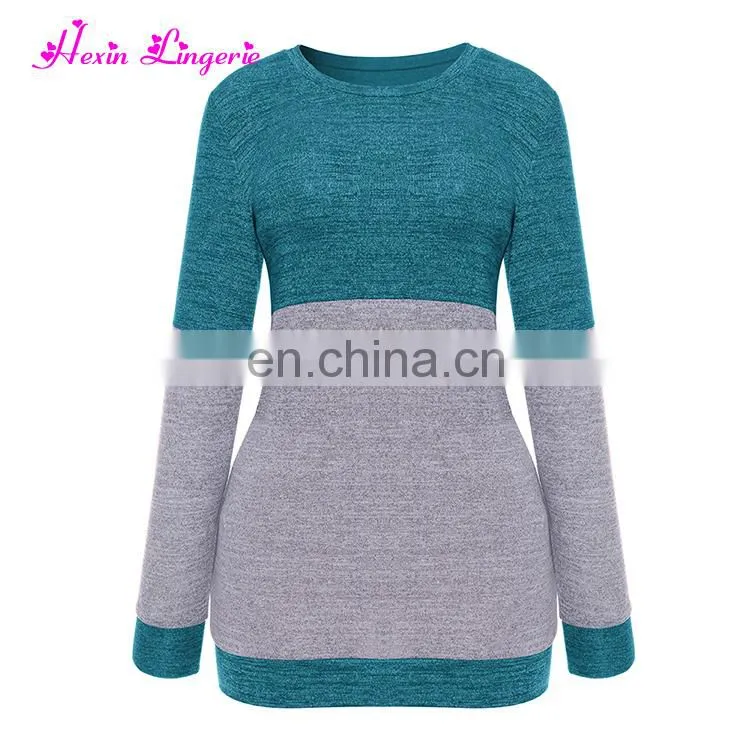 Lastest Winter Long Sleeve Stitching Loose O Neck Custom Knit Lady Sweater