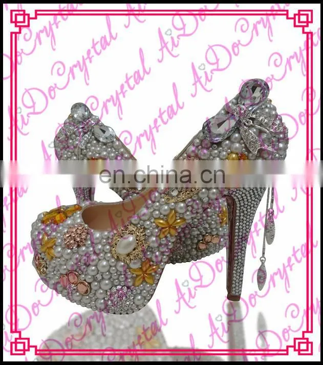 Aidocrystal 2016 pink with white crystal rhinestone round toe wedding low heel girls party shoes