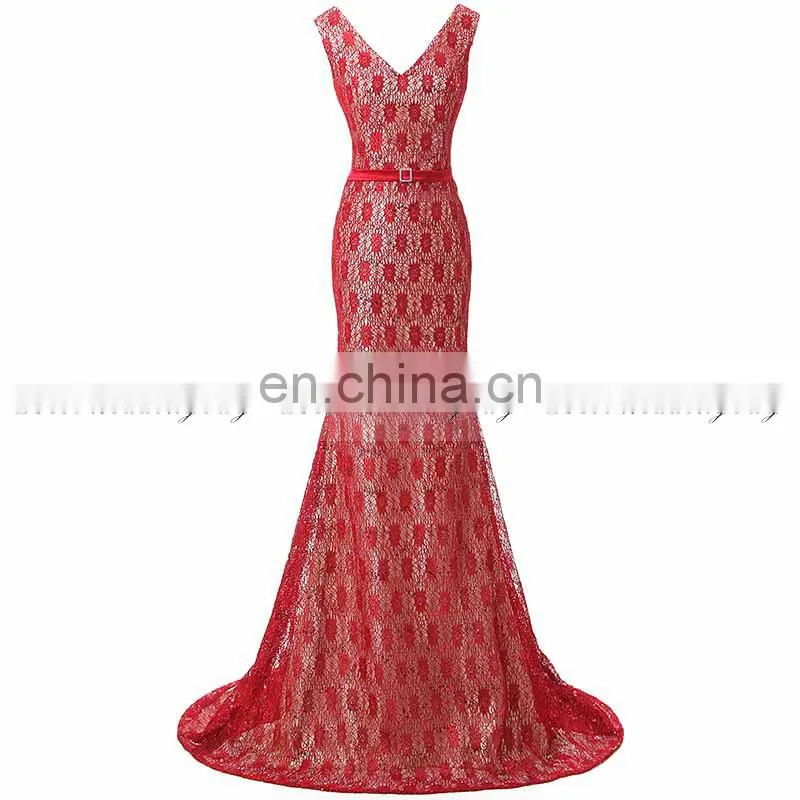 Real Pictures V Neck Lace-Up Sleeveless Mermaid Lace Evening Dresses SD344