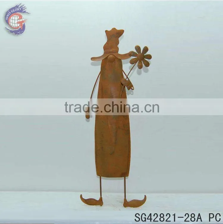 rustic metal gnome holding flower ground stakes for garden decorations