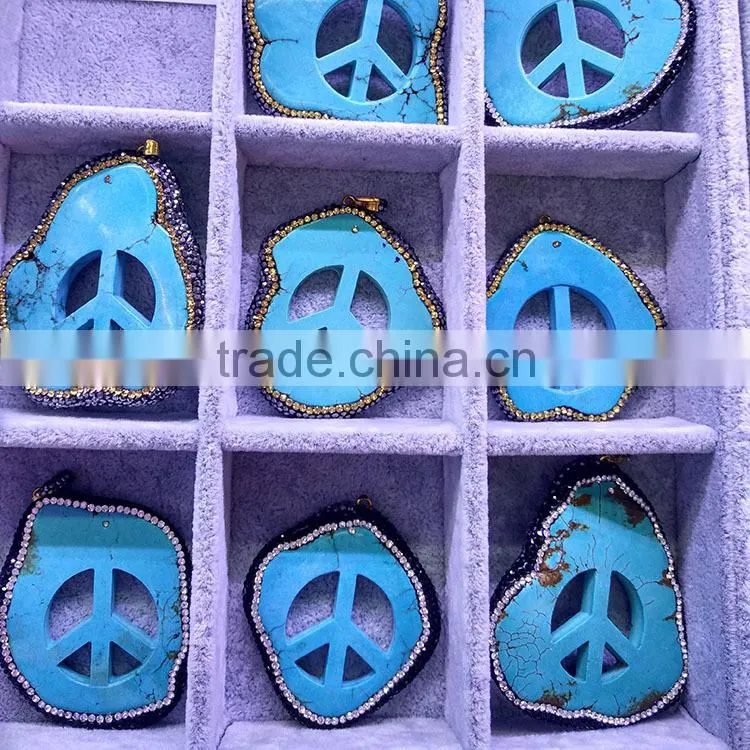 JF6882 Fashion crystal pave freefrom turquoise slab slice pendants