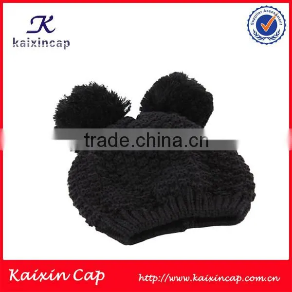 high quality black baby knit winter beanie hat with two balls