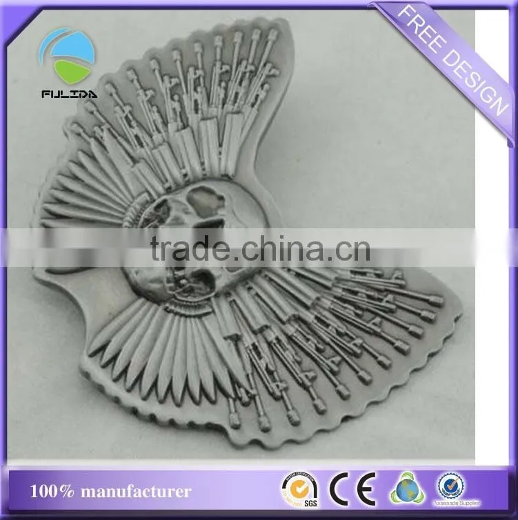custom metal antique silver nickel plating skull badge