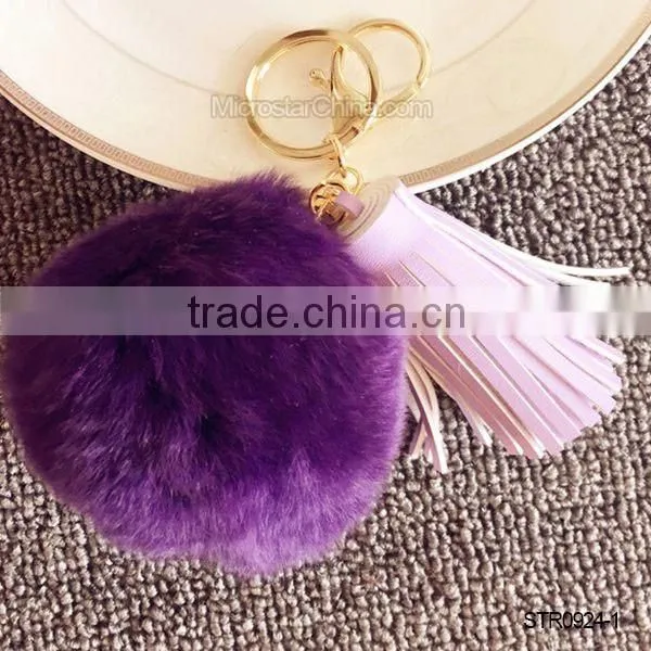 Promotion In Stock Rabbit Fur Ball Leather Tassel Key Chain