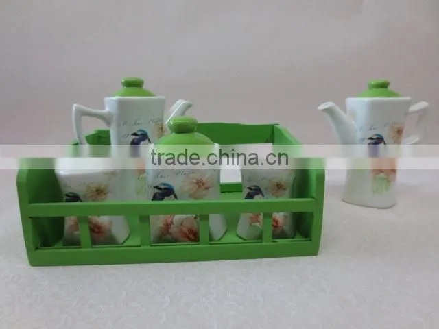 Embossed Ceramic Salt & Pepper Shakers + Oil & Vinegar Bottle + Sugar Jar Set with Wooden Stand