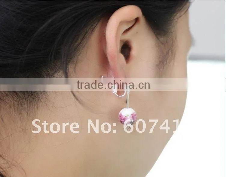 blue flower printed Qinghua porcelain ball shaped drop earings with clips