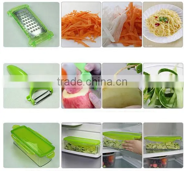 Food Container, Safety Food Holder, Bonus Peeler - All-in-One Vegetable Cutter, Slicer, Grater & Julienne Slicer