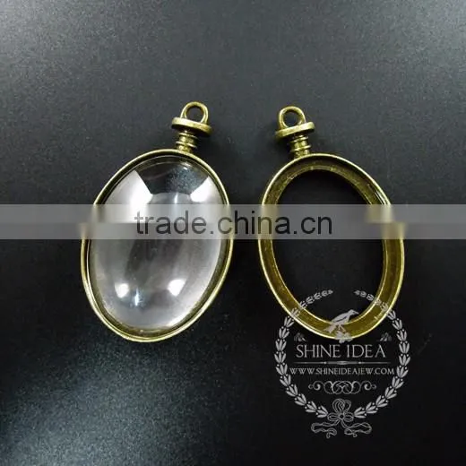 30*40mm vintage style bronze alloy oval photo frame glass pendant charm DIY bezel setting tray with glass jewelry 1810427