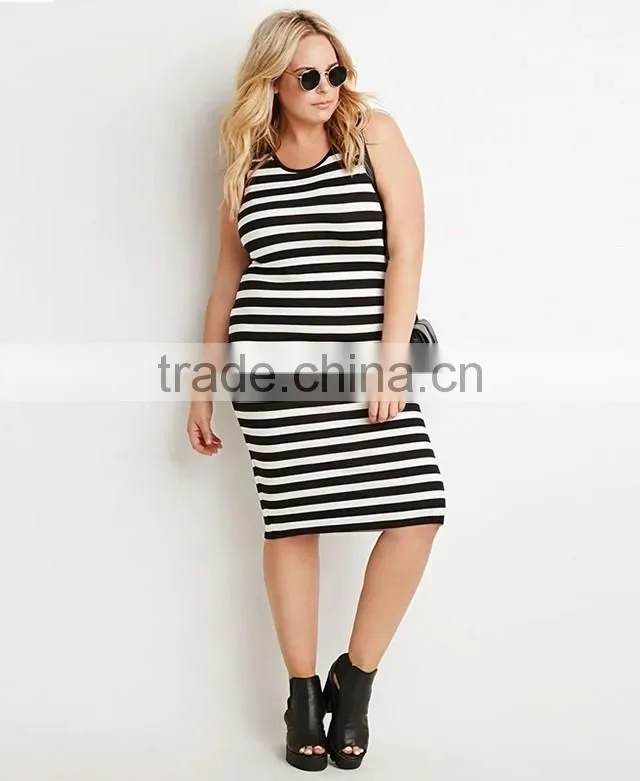 Women plus size spoon neck sleeveless tight cotton knit stripe tank dress
