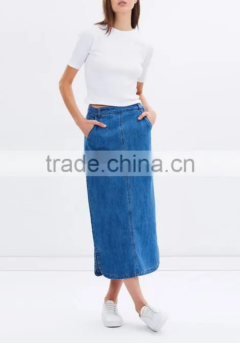 2016 Latest long high waist design pictures denim skirt