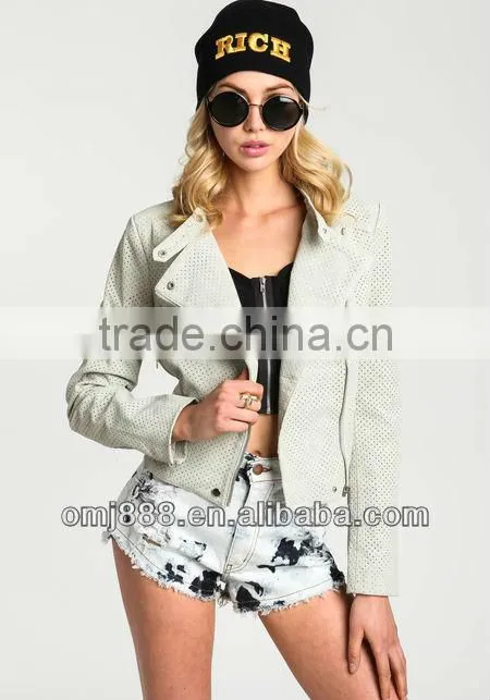 Perforated Bomber PU white fashion zipper long sleeve Jacket