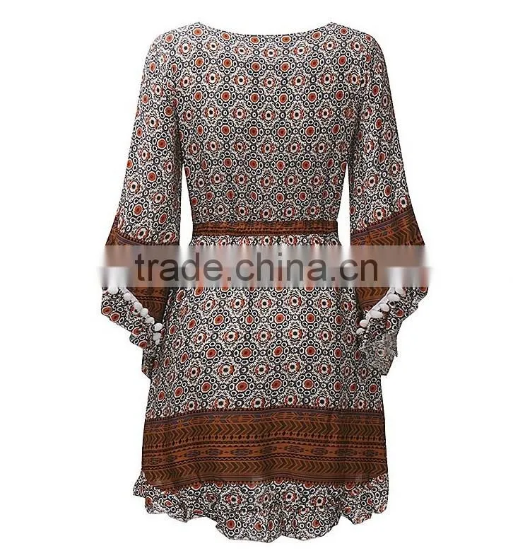 Wholesale Ladies Flare Sleeve Sexy Bohemian Dress Vintage Printed Mini Dresses For Women