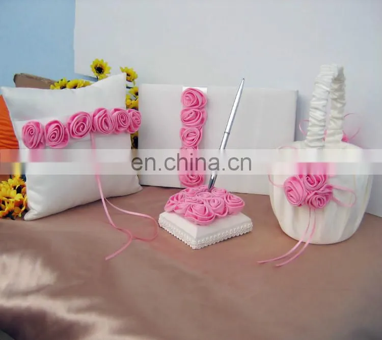 White guest book /pen holder/ring pillow/flower basket set with Pink rose decoration wedding favor dropship supplier