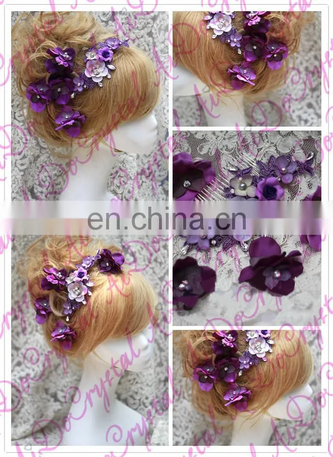 Aidocrystal purple classic lace with crystal flower of hair comb, wedding party bridal hair accessories