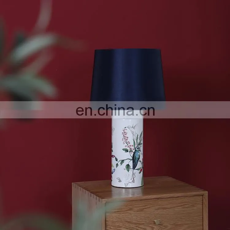 Top sale China style ceramic base blue shade indoor table night lamps for bedroom