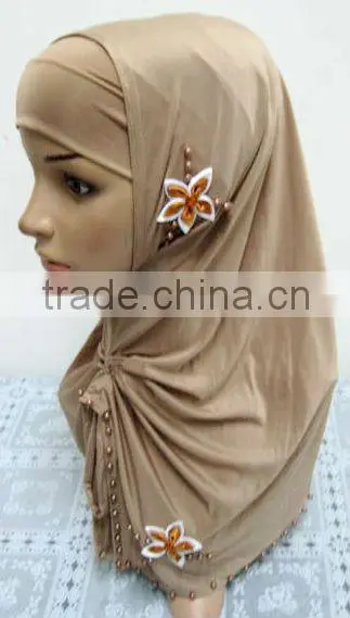 A569 Stylish islamic headscarf HEJAB pearl beaded flower two pieces LONG MUSLIM HIJAB