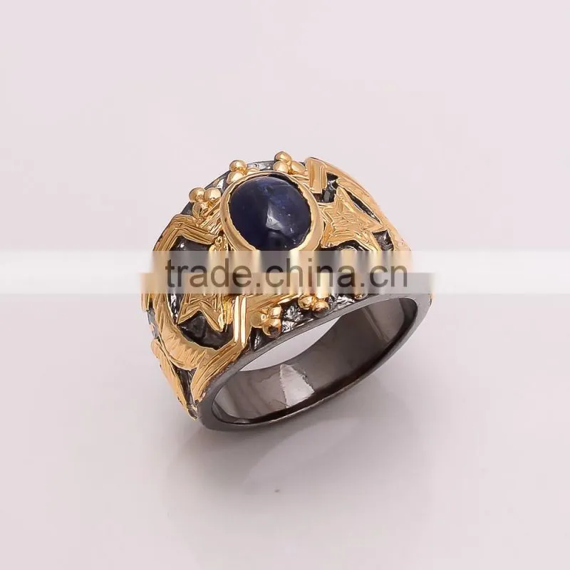 925 SOLID STERLING FINE SILVER IOLITE RING BLACK & GOLD RHODIUM
