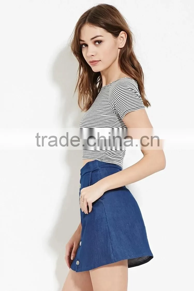 Latest tops designs girls new fashion lady blouse designs with stripe printing