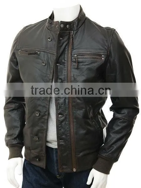 black distressed mens biker style leather jacket faded seam