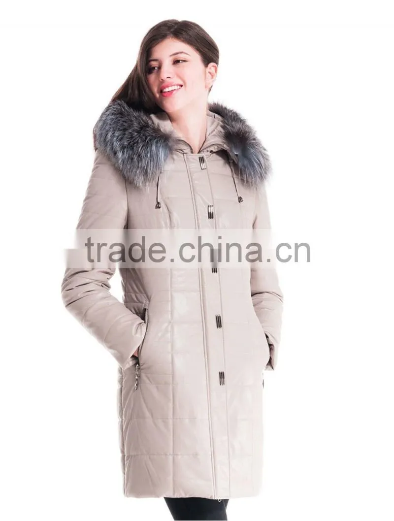 Winter Women Leather Medium Length Slim Fit Coat With Brown Fox Hat Overcoat