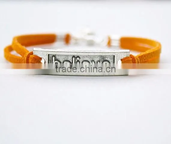Custom gift Leather cord antiqued Silver Believe Charm Bracelet