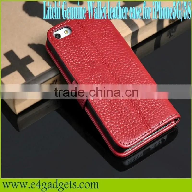 Luxury business style Litchi Vein cowhide leather case hot selling wallet case for iphone 5