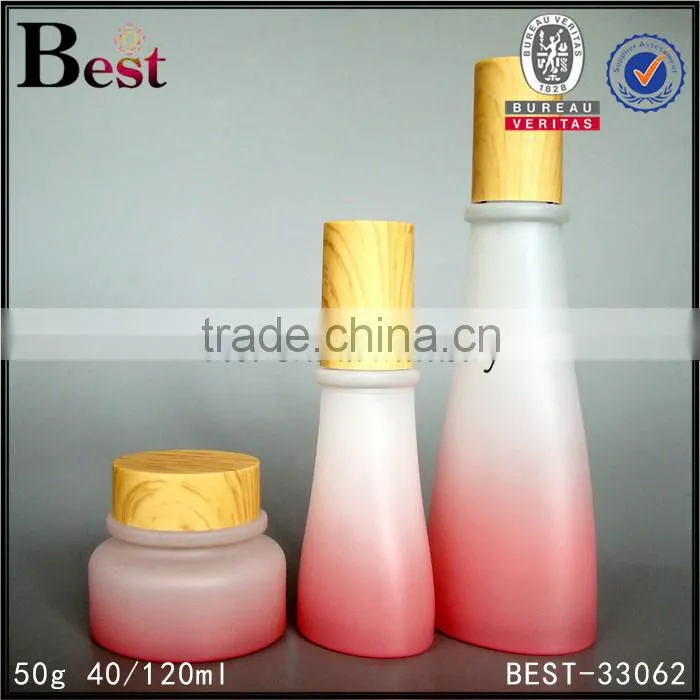 50g empty pink color glass cream jar with bamboo screw cap