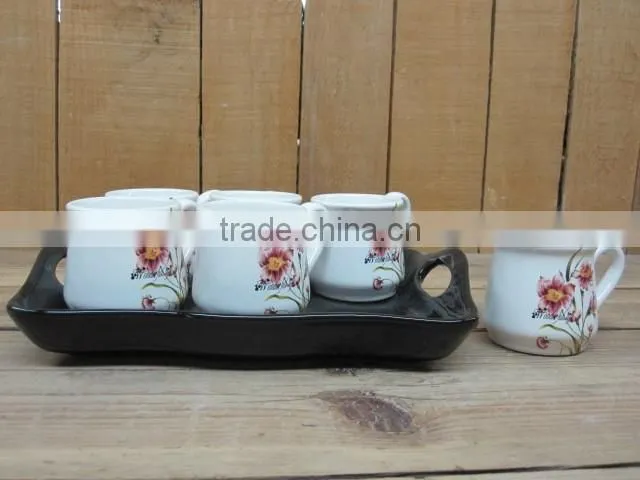 House & Hotels Used Ceramic Cups and Sugar Canister Set with Tray for 6 People