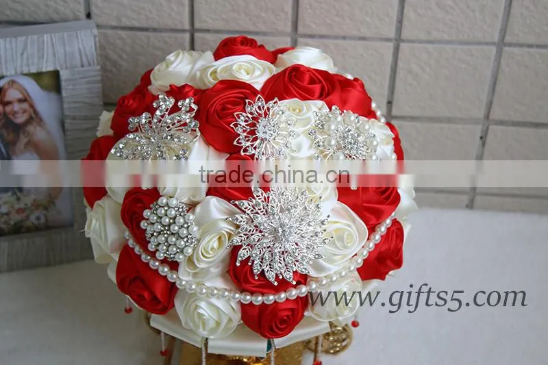 2016 new design Wedding Bouquet, Silver and Ivory Brooch Bouquet, red and white satin rose wedding bouquet