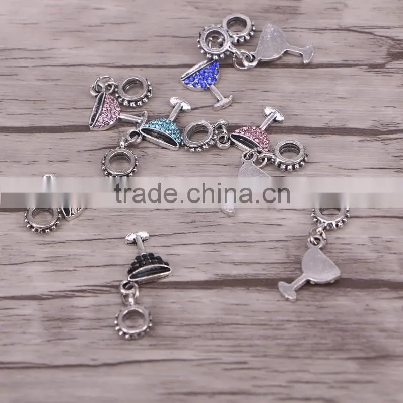 European Charm Dangling Beads Rhinestone Antique Silver Tone Jewelry Findings