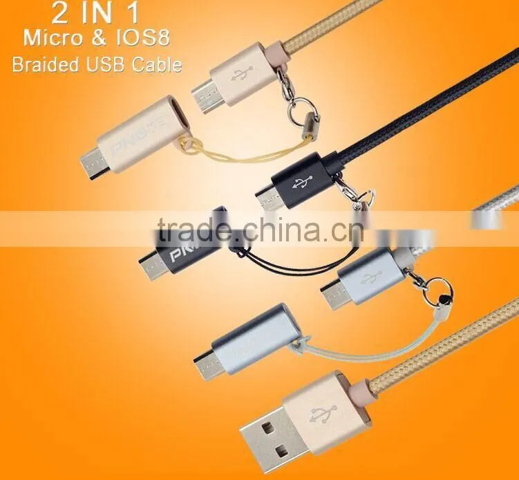 PNGXE Hottest 2.4A very fast charging current 2 in 1 nylon braided micro usb 2.0 cable for iphone and samsung