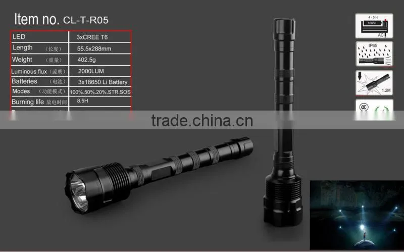 2000lm recoil led strong light flashlight 5 Modes 3xcree xml t6 ourdoor seaching/rescue searching torch 3*18650 Lithium battery