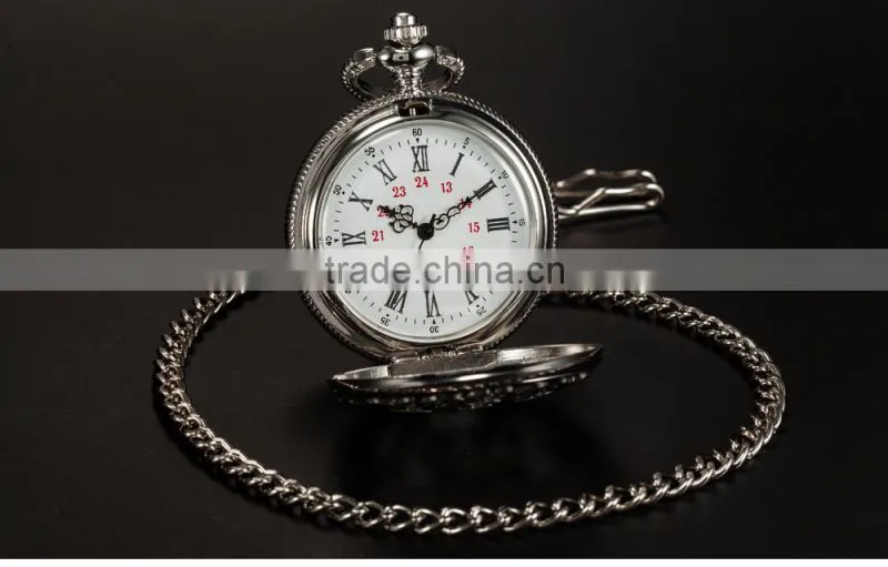 Silver Skeleton Pendant Chain Analog Quartz Men's Pocket Watch