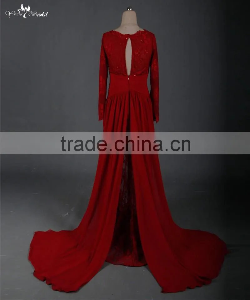 RSE665 Sexu Back Open Keyhole Long Sleeves Wine Red Arabic Patterns Of Lace Evening Dress