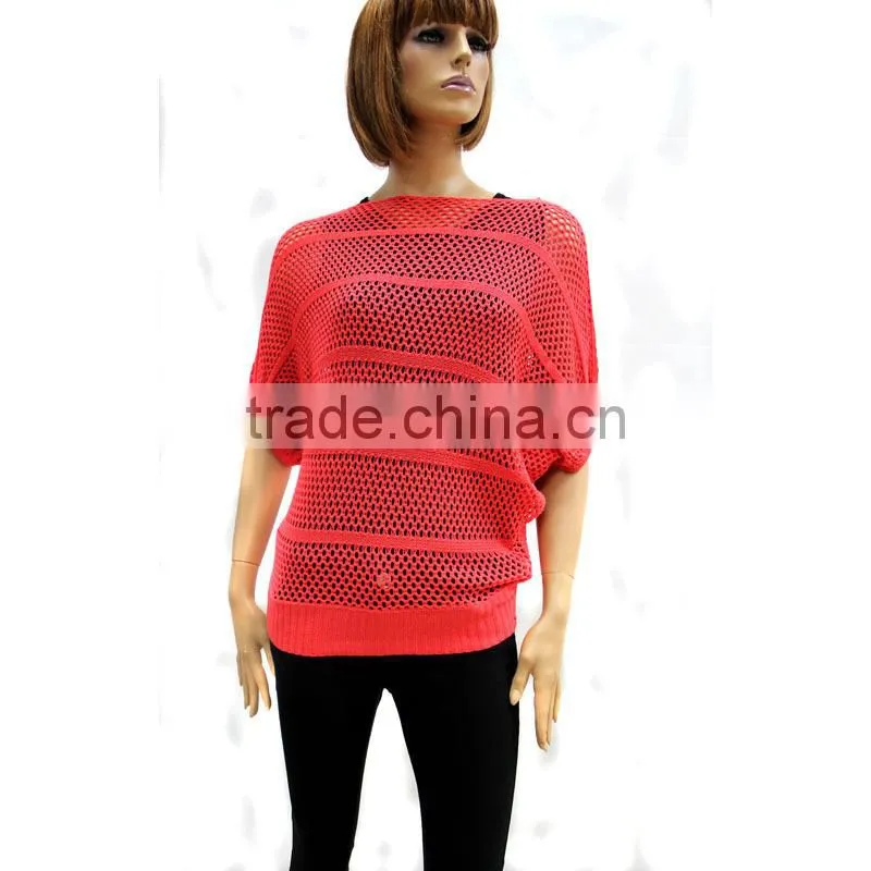 Women Red Sheer Crochet Knitwear Pullovers Sexy Mid-Sleeve Shirts Top