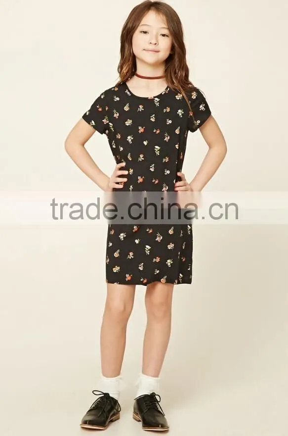 Wholesale Children's Boutique Clothing Girls Allover Floral Print Shift O-Neck Short Sleeves Knit Latest Dress Designs